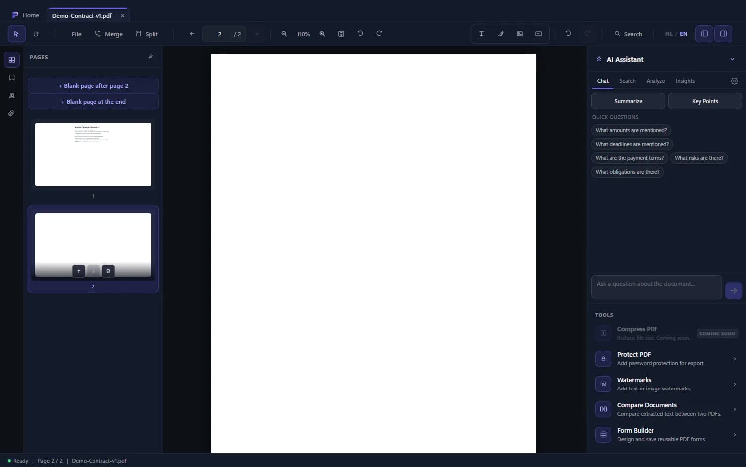 Page panel with an added blank page in Atlas PDF Reader